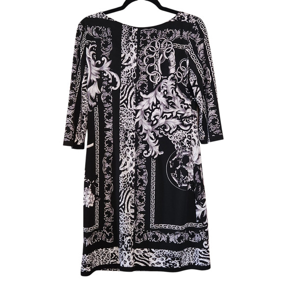Cartise Sheath Dress Floral Chains Print, black, white, silver 3/4 sleeve sz 10 - Picture 2 of 12